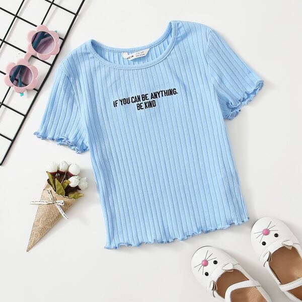 

Girls Lettuce Trim Slogan Embroidery Rib-knit Tee, Pastel baby blue