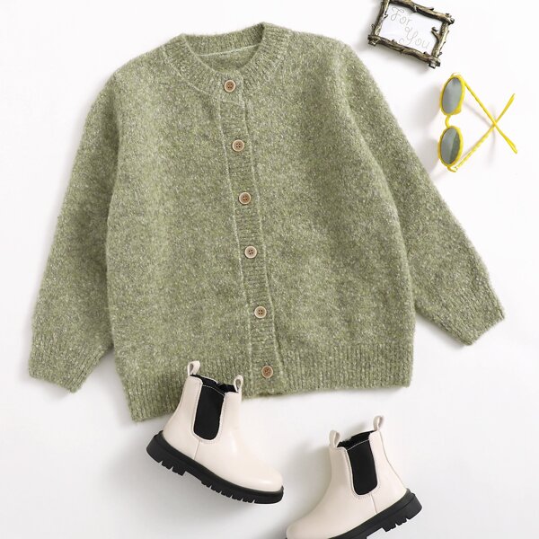

Girls Solid Fluffy Knit Cardigan, Army green