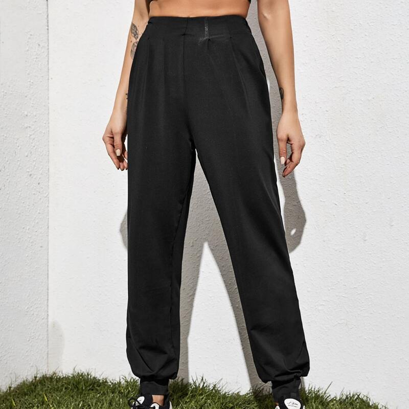 

Solid Elastic Waist Sports Pants, Black