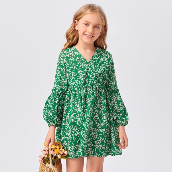 

Girls Ditsy Floral Lantern Sleeve Dress, Green