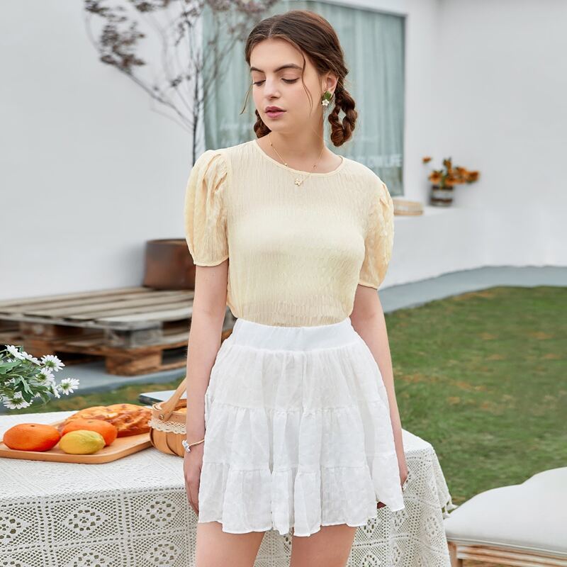 

Puff Sleeve Solid Blouse, Yellow pastel