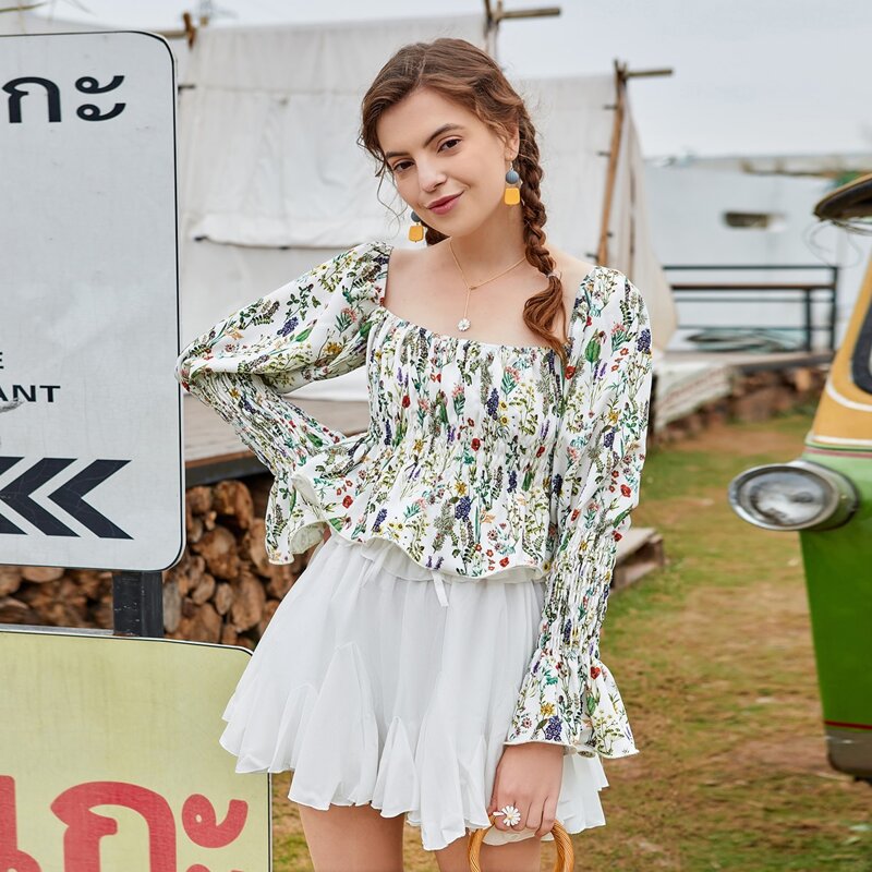

Plants Print Square Neck Peplum Blouse, Multicolor
