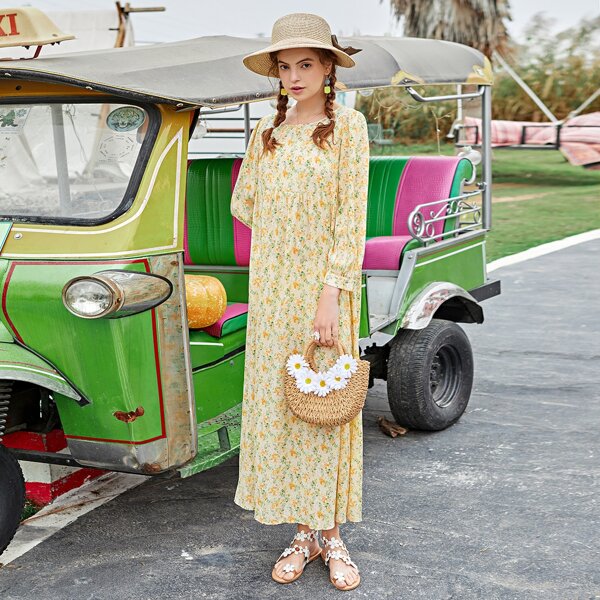 

Allover Floral Print Smock Dress, Yellow