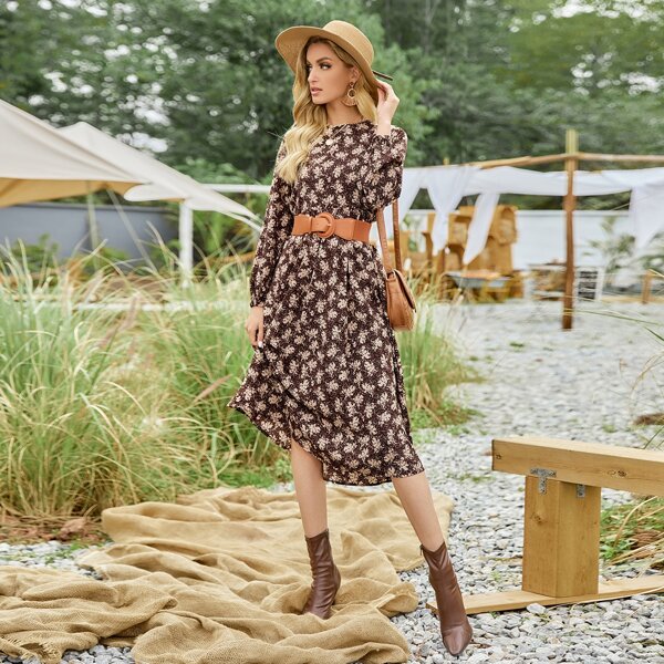 

All Over Print Smock Dress Without Belt, Chocolate brown