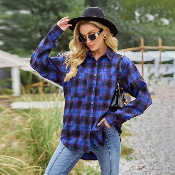 

Plaid Button Through Longline Blouse, Royal blue