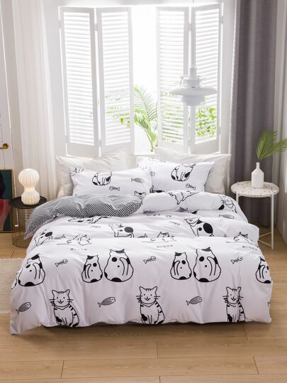 Kids Cartoon Cat Print Bedding Set Without Filler