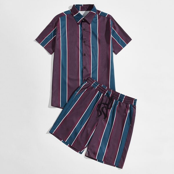 

Men Striped Print Button Front Shirt With Drawstring Waist Shorts, Multicolor