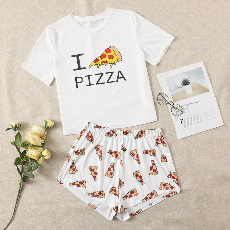 

Slogan And Cartoon Graphic Pajama Set, White