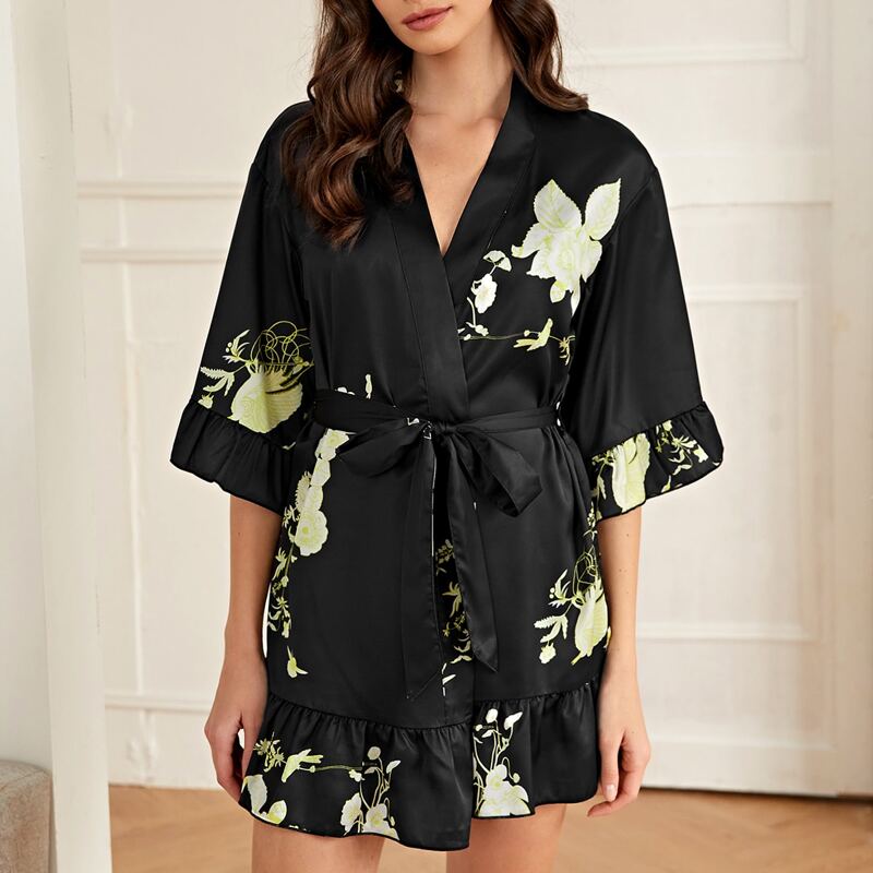 

Satin Floral Ruffle Hem Belted Night Robe, Black