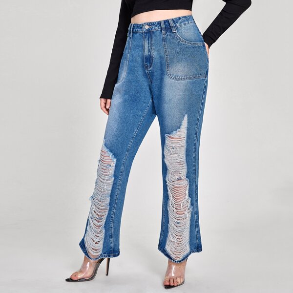 

Plus Ladder Distressed Bootcut Jeans, Medium wash