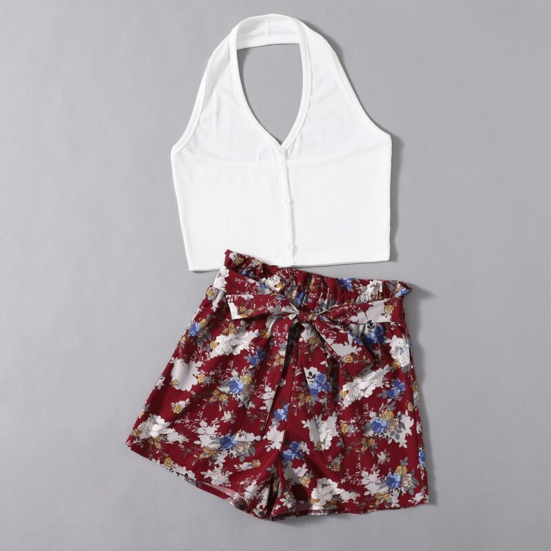 

Button Front Halter Top & Flower Print Shorts, Multicolor