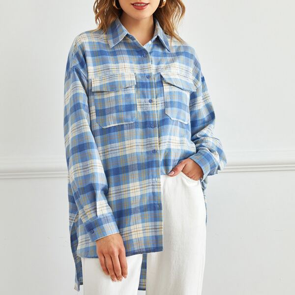 

Drop Shoulder Flap Pocket High-low Hem Plaid Blouse, Multicolor