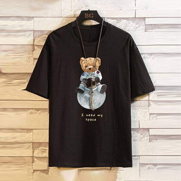 

Men Bear & Slogan Graphic Tee, Black