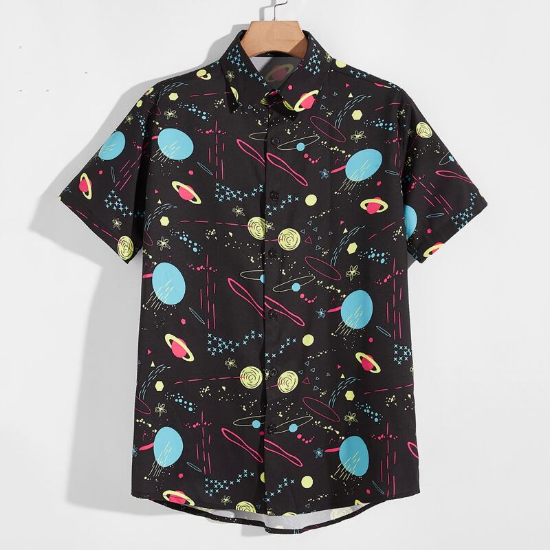 

Guys Galaxy Print Button Up Shirt, Black