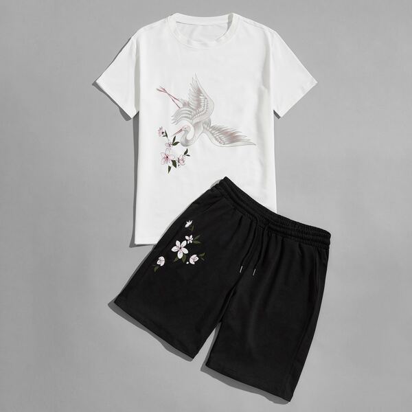 

Men Crane And Floral Print Tee With Track Shorts, White
