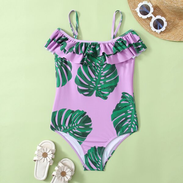 

Girls Tropical Ruffle One Piece Swimsuit, Multicolor