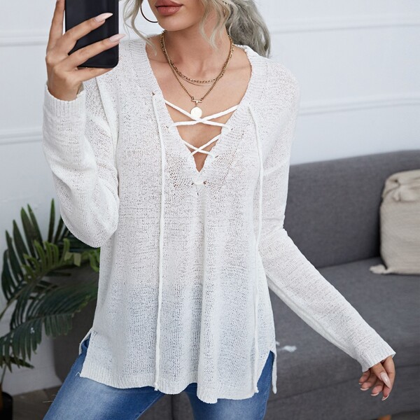 

Lace Up Split Hem Sweater, White