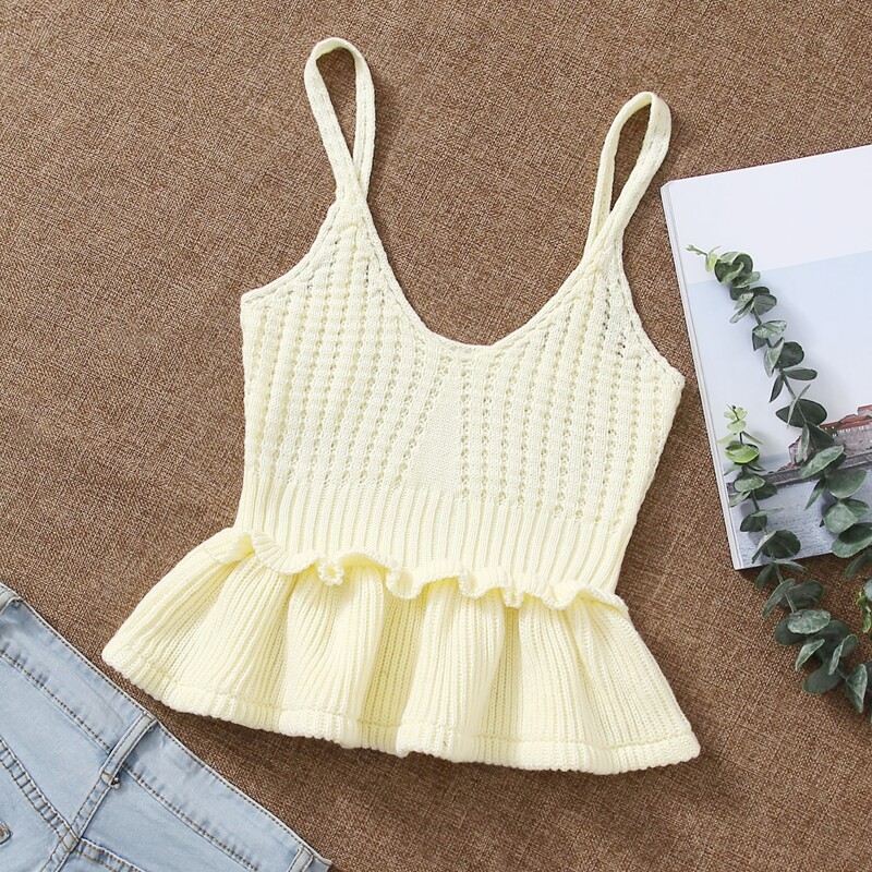 

Ruffle Hem Solid Cami Knit Top, Beige