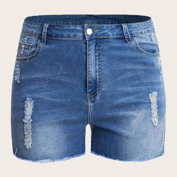 

Plus Raw Hem Ripped Denim Shorts, Medium wash