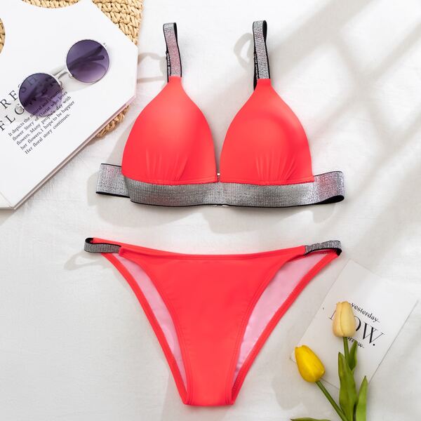 

Glitter Decor Thong Bikini Swimsuit, Watermelon pink