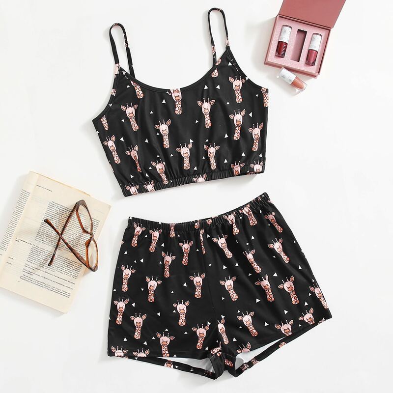 

Allover Cartoon Graphic Cami Pajama Set, Black