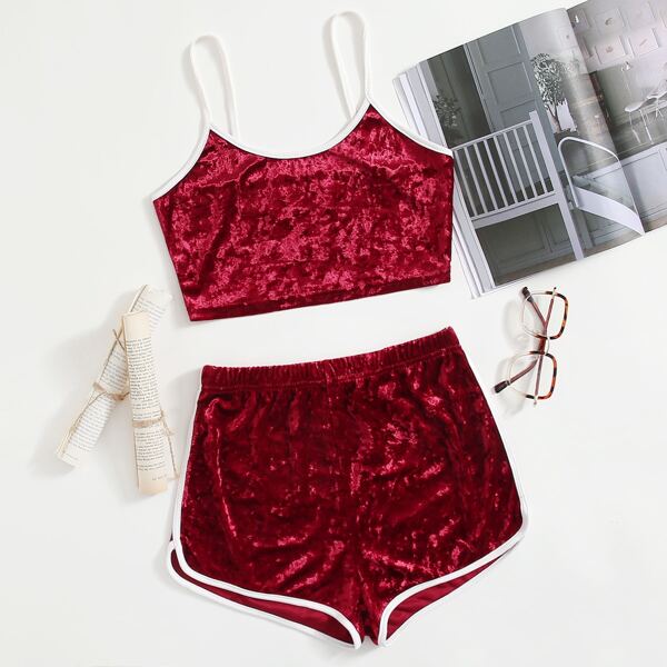 

Contrast Binding Velvet Cami Lounge Set, Burgundy