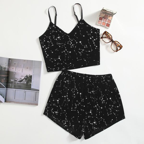 

Galaxy Print Cami Top & Shorts Pajama Set, Black