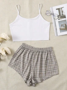 Crop Cami Top & Tartan Shorts PJ Set - Multicolor - View 1