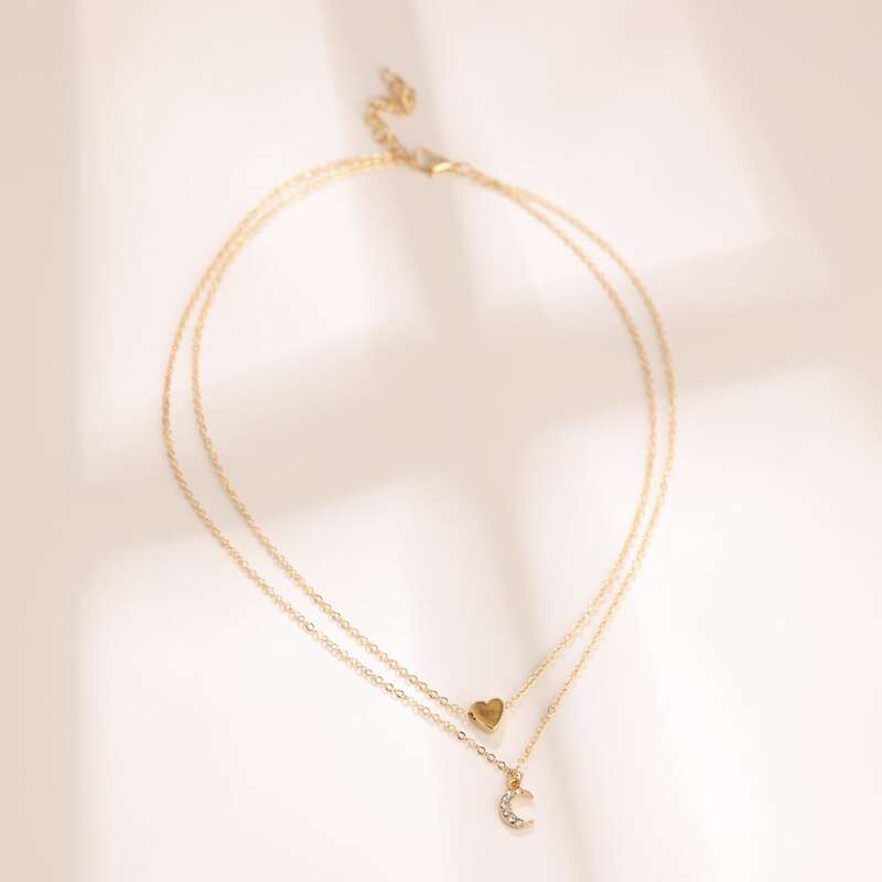 

Rhinestone Moon & Heart Layered Necklace, Gold