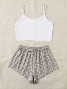 Crop Cami Top & Tartan Shorts PJ Set - Multicolor - View 3