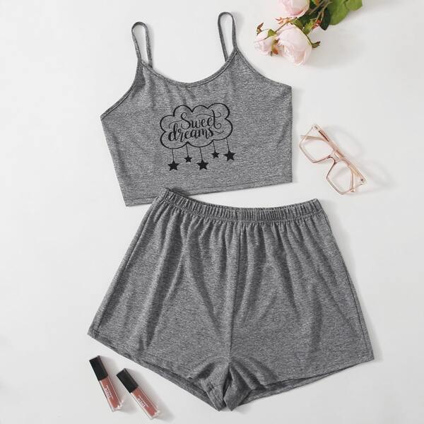 

Letter And Cartoon Graphic Cami Pajama Set, Grey