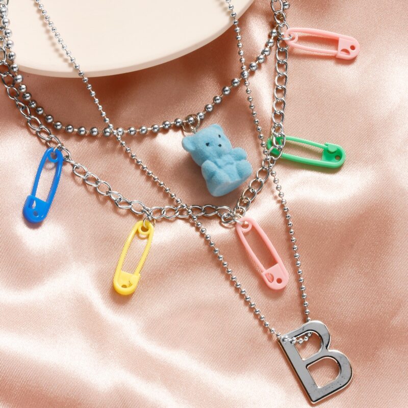 

Safety Pin & Bear Layered Necklace, Multicolor
