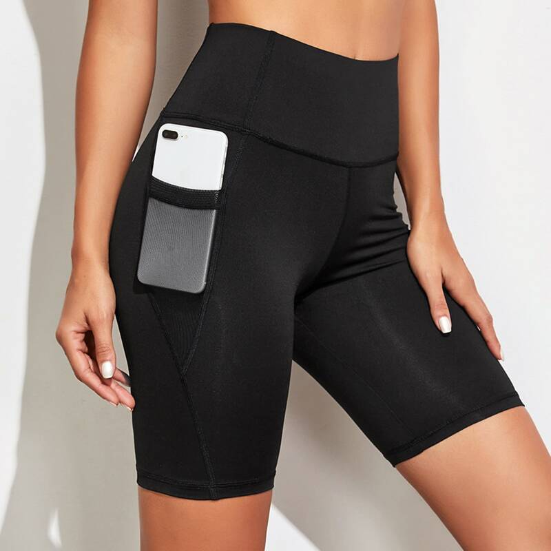 

Solid Biker Shorts With Phone Pocket, Black