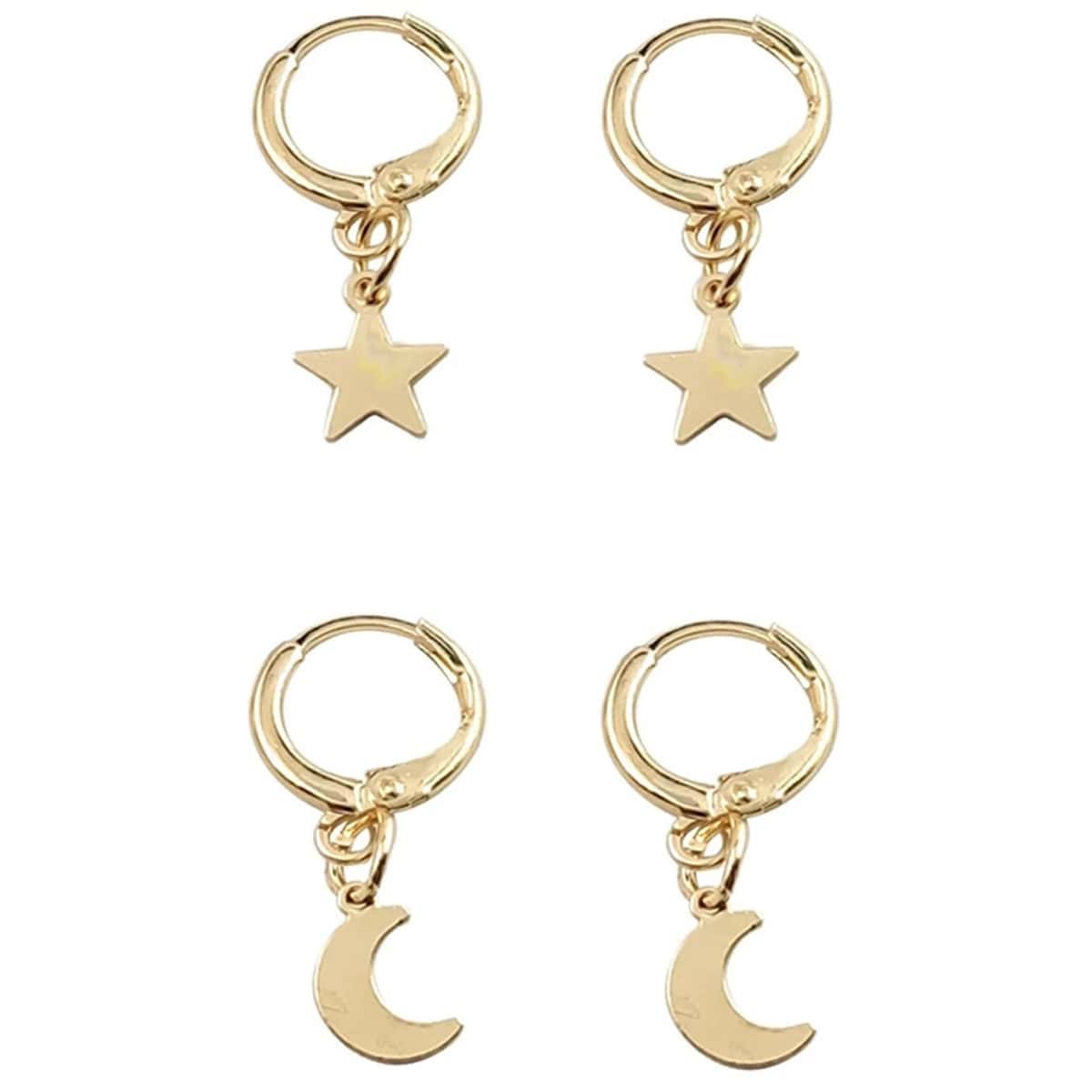 

2pairs Moon & Star Drop Earrings, Gold