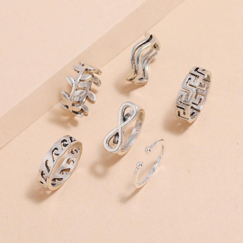 

6pcs Hollow Ring Set, Silver