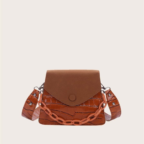 

Croc Embossed Flap Chain Shoulder Bag, Brown