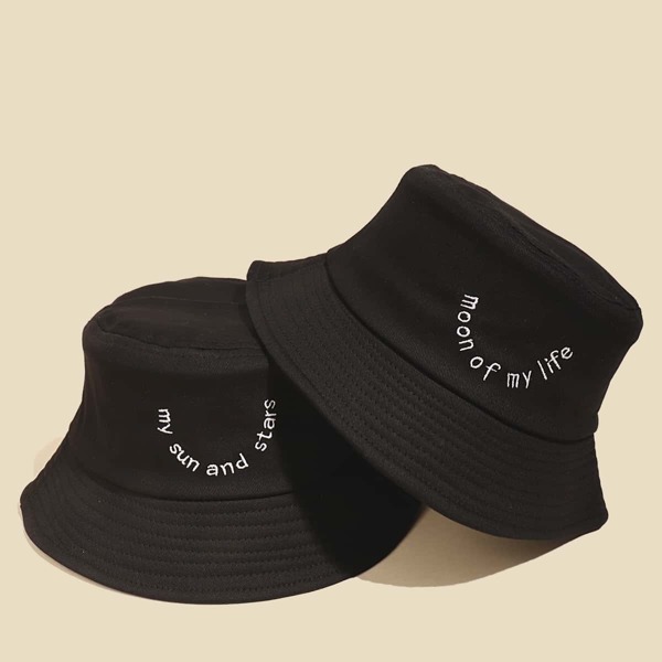 

2pcs Letter Embroidery Bucket Hat, Black