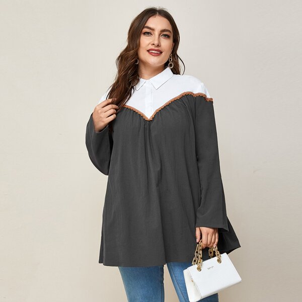 

Plus Contrast Panel Lace Trim Blouse, Dark grey