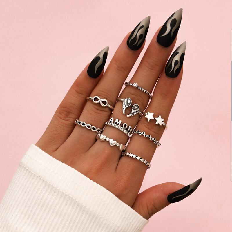 

9pairs Star Decor Ring Set, Silver