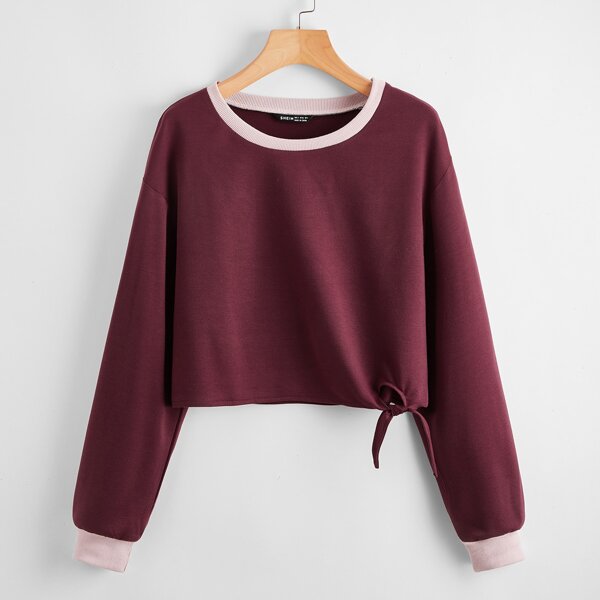 

Drop Shoulder Tie Hem Sweatshirt, Red violet