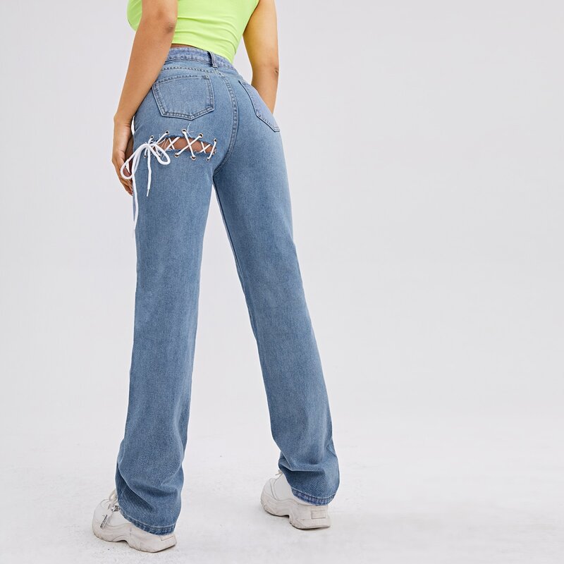 

High Waist Lace Up Straight Jeans, Light wash