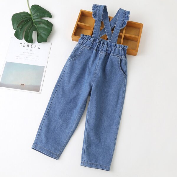 

Toddler Girls Ruffle Trimed Criss Cross Denim Overall Jumpsuit, Medium wash