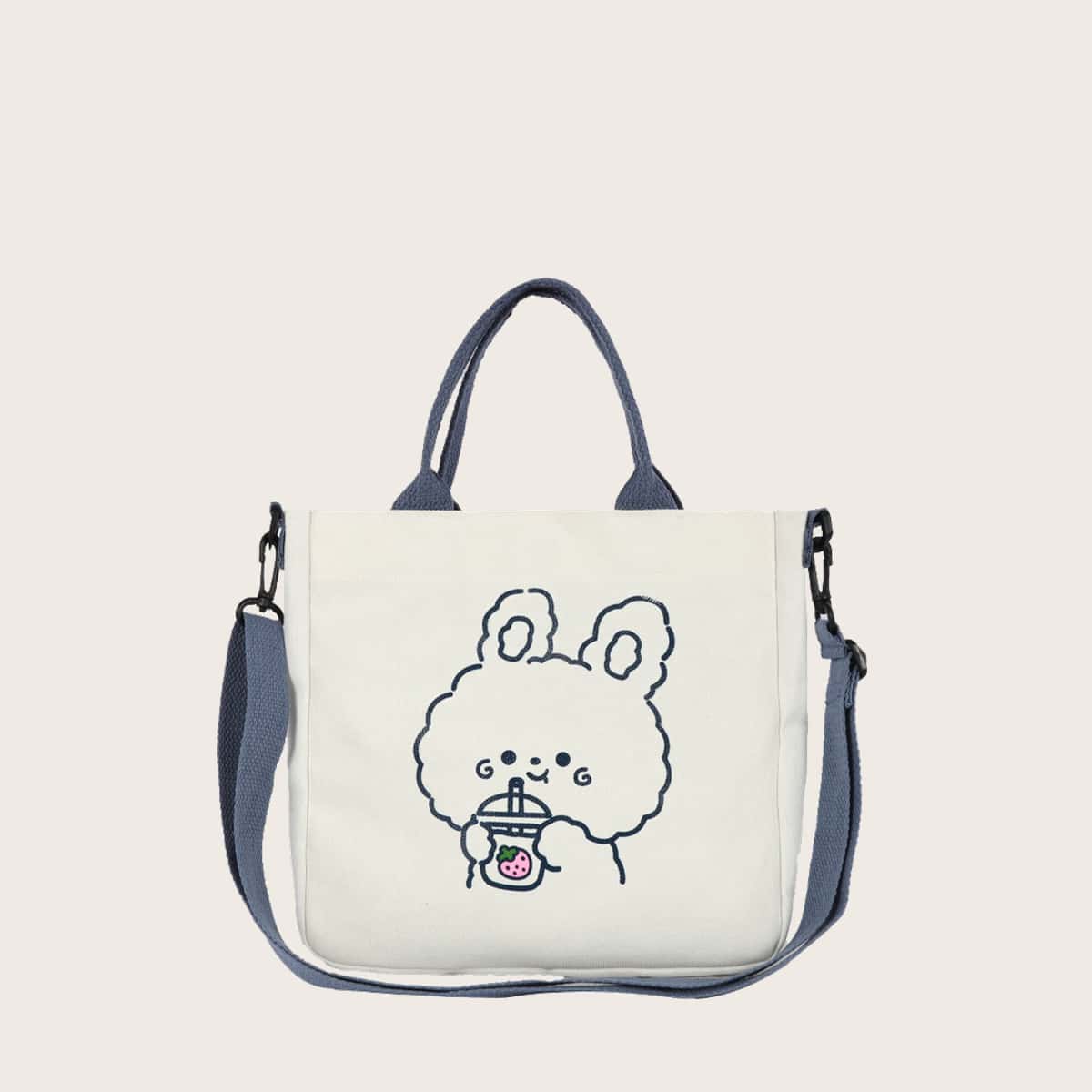 

Cartoon Canvas Tote Bag, White