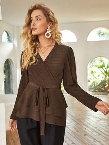 Surplice Neck Layered Belted Top - Chocolate Brown - View 3