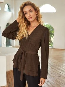 Surplice Neck Layered Belted Top - Chocolate Brown - View 4