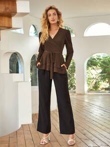 Surplice Neck Layered Belted Top - Chocolate Brown - View 5