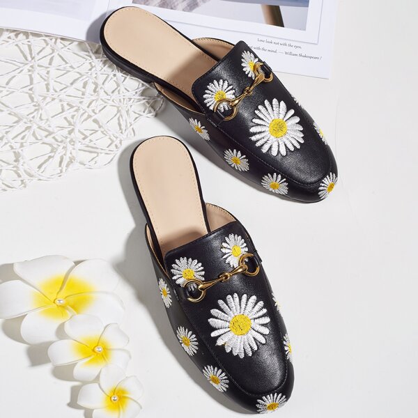 

Daisy Embroidered Flat Mules, Black