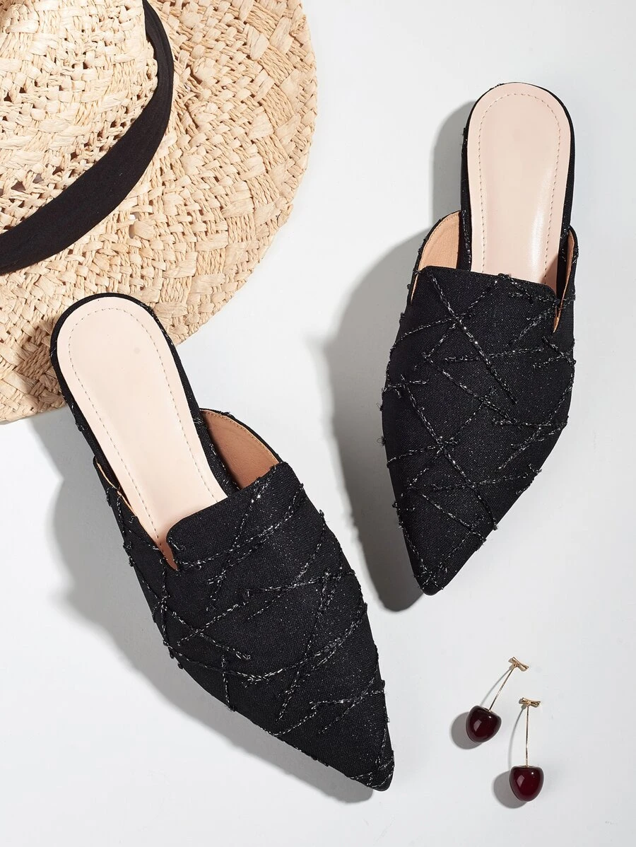 2025 Autumn Women's Elegant Pointed Toe Flat Mules Shoes - Black - View 1