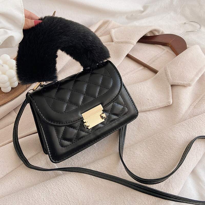 

Handle Quilted Satchel Bag, Black