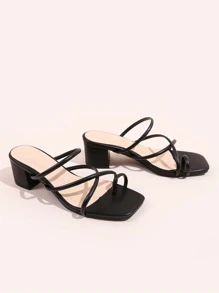Toe Loop Cross Strap Chunky Heeled Mule Sandals